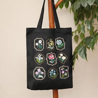 SUPBRAIN Embroidery kit, Canvas Tote Bag Embroidery Kit, Include Stamped Flower Pattern, Hoop, Color Threads and Tool, Suitable for Beginners, Adults Arts and DIY Crafts Kits (Black)