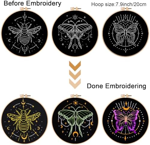 Louise Maelys 3 Sets Tarot Embroidery Kits for Beginners,Cross Stitch Kit for Adults,Crewel Starters Needlepoint with Moon, Butterfly, Bee and Moth Pattern and Tool - Image 3