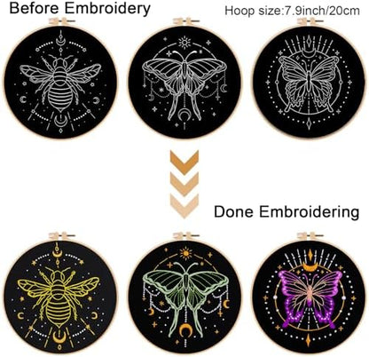 Louise Maelys 3 Sets Tarot Embroidery Kits for Beginners,Cross Stitch Kit for Adults,Crewel Starters Needlepoint with Moon, Butterfly, Bee and Moth Pattern and Tool - Image 3
