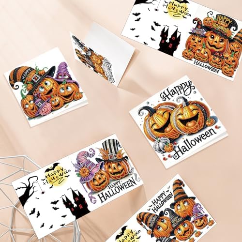 antor 6 Pack Halloween Pumpkin Diamond Painting Card Kits, DIY 5D Rhinestone Halloween Diamond Art Greeting Cards with Envelopes, Handmade Pumpkin Diamond Art Craft Kits for Adults Beginners - Image 6