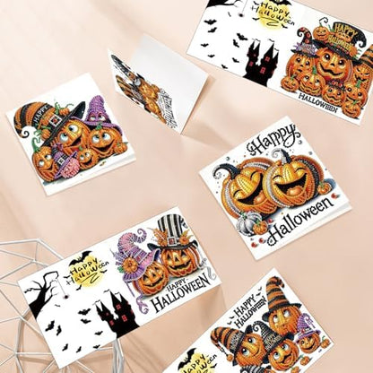 antor 6 Pack Halloween Pumpkin Diamond Painting Card Kits, DIY 5D Rhinestone Halloween Diamond Art Greeting Cards with Envelopes, Handmade Pumpkin Diamond Art Craft Kits for Adults Beginners - Image 6