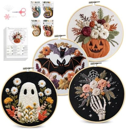 Santune Halloween Embroidery kit,Fall Needlepoint Cross Stitch Kits for Beginners Adult,Needle Point Sets,4 Embroidery,2 Hoops,Halloween Ornaments by Santune