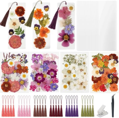 182 Pcs Pressed Flower Bookmark Making Kit, 30 Laminating Pouches with 120 Dried Flowers, 30 Tassels, Tweezer and Punch, Party DIY Crafts Bookmark for Reading Women Kids by Unknown