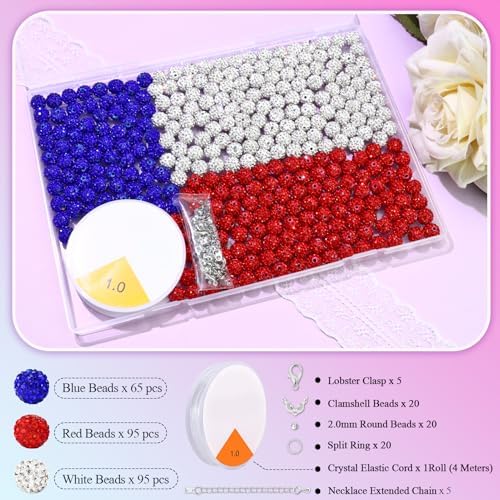 Dowarm 255PCS 10mm Rhinestone Beads for Baseball Rhinestone Necklace Bracelet Jewelry Making, Round Polymer Clay Beads for Crafts Beaded Pens, DIY Shamballa Pave Disco Diamond Bead, White|Red|Blue - Image 2