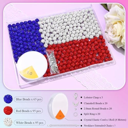 Dowarm 255PCS 10mm Rhinestone Beads for Baseball Rhinestone Necklace Bracelet Jewelry Making, Round Polymer Clay Beads for Crafts Beaded Pens, DIY Shamballa Pave Disco Diamond Bead, White|Red|Blue - Image 2