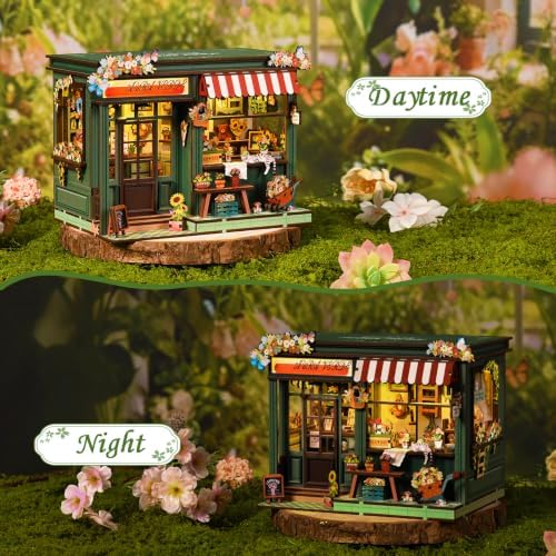 Book Nook DIY Miniature House Kit, 3D Wooden Puzzle Coffee House Dollhouse with Light & Tools, Creative Bookshelf Insert Craft Gifts for Adults Teens (Aura Verde Flower Room) - Image 5