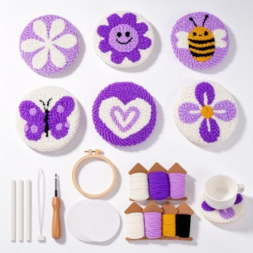 Nuoviyiya Punch Needle Coaster Kit for Adults Beginners, Complete Embroidery Kit with Adhesive Felt & Pre-Printed Patterns, Easy DIY Craft Set with Yarn, Hoop, Tools & Instructions by Nuoviyiya