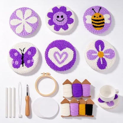 Nuoviyiya Punch Needle Coaster Kit for Adults Beginners, Complete Embroidery Kit with Adhesive Felt & Pre-Printed Patterns, Easy DIY Craft Set with Yarn, Hoop, Tools & Instructions by Nuoviyiya