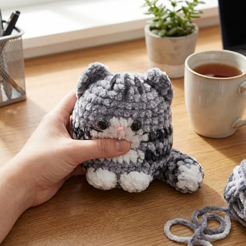 HOUSE CREATIVITY Chenille Crochet Kit for Beginners, Make 2 Ultra-Soft Cat Plushies, Amigurumi Crochet Starter Kit with Video Tutorial, Plush DIY Craft Kit with Chenille Yarn, Hook, Eyes & Stuffing - Image 5