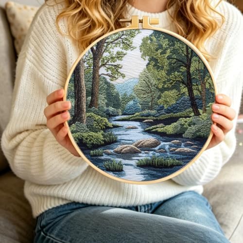 FONNUY Embroidery Kit for Beginners, Boho Nature Landscape Pre-Stamped Pattern Kits for Adults with Hoop, Easy to Follow Color Thread Needlework, 8'' Hoop (Verdant Riverside) - Image 6