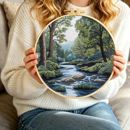 FONNUY Embroidery Kit for Beginners, Boho Nature Landscape Pre-Stamped Pattern Kits for Adults with Hoop, Easy to Follow Color Thread Needlework, 8'' Hoop (Verdant Riverside) - Image 6