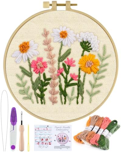 ERKOON Punch Needle Kit Beginners Adults, DIY Easy Flower Embroidery Set for Starter Art Craft, Needling Punching Project with Patterns, Tools, Yarns, Hoop, Instruction (Colorful Daisies) by ERKOON