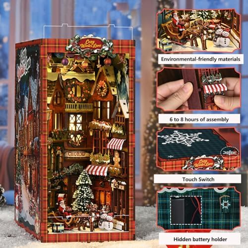Book Nook, Christmas Cottage 3D Wooden Puzzle with LED Lights, DIY Festive Holiday Bookend Decor, Cozy Winter Scene with Christmas Tree, Wreath, and Snowman - Image 2