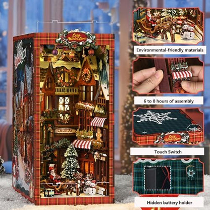 Book Nook, Christmas Cottage 3D Wooden Puzzle with LED Lights, DIY Festive Holiday Bookend Decor, Cozy Winter Scene with Christmas Tree, Wreath, and Snowman - Image 2