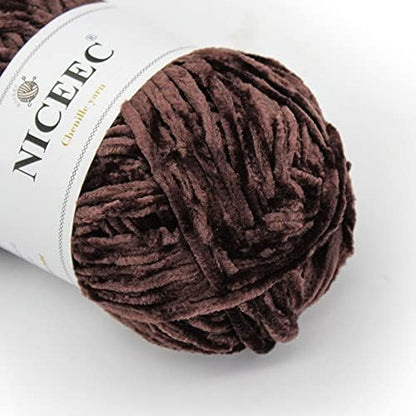 NICEEC 2 Skeins Soft Chenille Yarn 2 x255m (2X 279yds, 3X 150g)_Coffee - Image 2