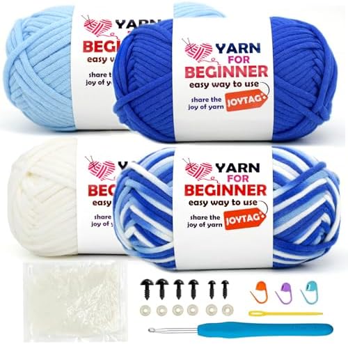 4 Pack Rainbow Beginner Crochet Yarn, Cotton-Nylon Blend, Easy-to-See Stitches, Blue Tone by JOYTAG