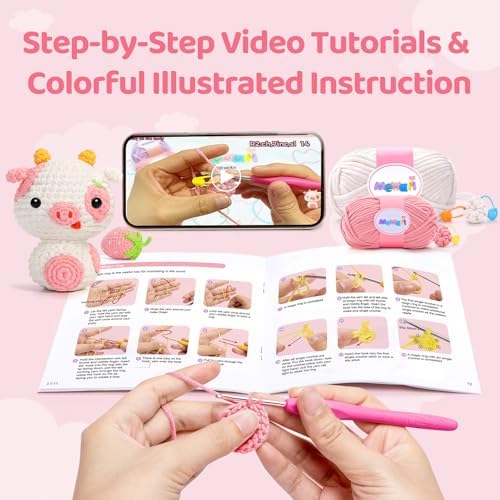 Mewaii Strawberry Cow Crochet Kit for Beginners, 40% Extra Yarn - Image 3