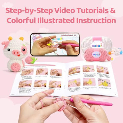 Mewaii Strawberry Cow Crochet Kit for Beginners, 40% Extra Yarn - Image 3