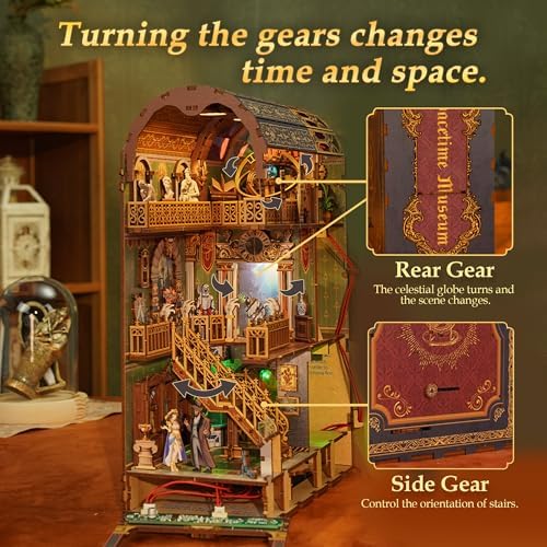Tonecheer DIY Book Nook Kit for Adults, 3D Wooden Puzzle Bookend Miniature House Kit, Booknook Bookshelf Insert Decor with Dust Cover and LED Lights Gifts (Spacetime Museum) - Image 6