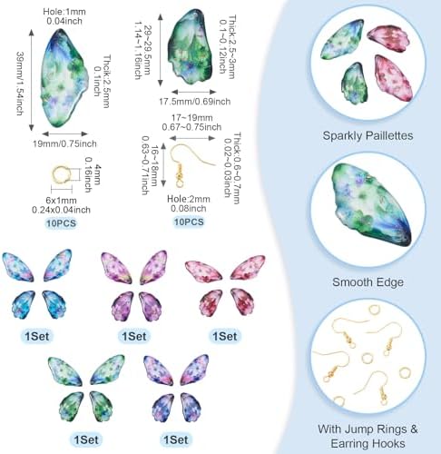 FASHEWELRY 20Pcs Resin Feather Wing Charms Mixed Color Flower Prints Fairy Wing Earring Pendants Colorful Butterfly Charms with Gold Foil for Jewelry Making - Earring Hooks & Jump Rings - Image 5