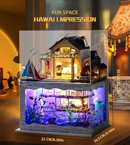 Spilay Miniature Dollhouse Kit with Furniture,DIY Dollhouse Kit Mini Modern Villa Model Plus Dust Cover and Music Box,1:24 Scale Creative Room Idea for Adult Birthday Gift(Hawaii Impression) - Image 6