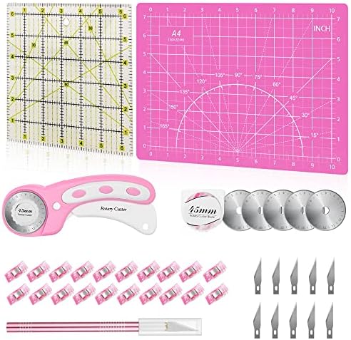 39 Pcs Rotary Cutter Set Pink - Quilting Kit incl. 45mm Fabric Cutter with 5 Extra Blades, A4 Cutting Mat, Craft Knife Set, Quilting Ruler and Sewing Clips, Ideal for Crafting, Sewing, Patchworking by HeadleyTools