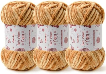 3x100g Fluffy Velvet Chenille Yarn for Crocheting and Knitting, 3x87.4yd Baby Yarn for Crocheting Soft, Crochet Chunky Yarns Amigurumi Yarns（Khaki by OMoiut