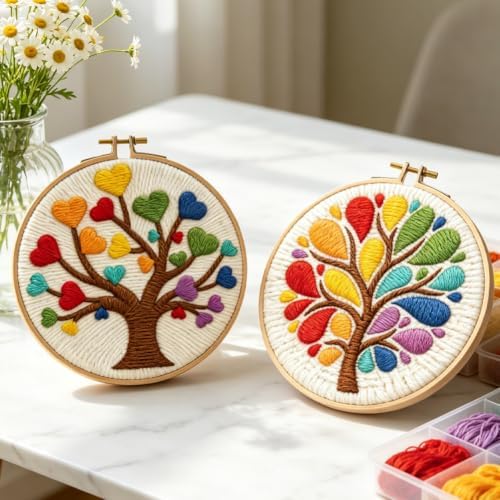 INFUNLY 2 Set Tree of Life Punch Needle Kit for Beginners Tree of Love Punch Needle Embroidery Kits for Adults DIY Punch-Stitching Kit with Instruction Threader Needles Hoop for Wall Decor 8.7''x8.7'' - Image 4