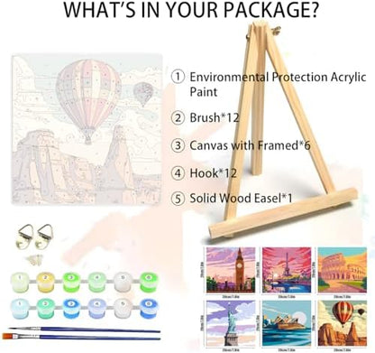 Canrichshop 6 Packs Paint by Numbers Kit for Adult Framed,City Landscape DIY Paint by Number on Canvas with Wooden Easel,Acrylic Oil Famous Buildings Painting Kit Adults for Decor 8x8inch - Image 2