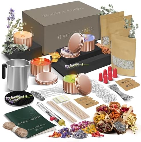 Hearth & Harbor Organic Soy Candle Making Kit for Adults, DIY Crafts, Complete Candle Making Supplies Include Natural Soy Wax, Tins, Dried Flowers, Wicks & More – Gift Idea, Perfect Home Decor – 2 Lbs by HearthHarbor