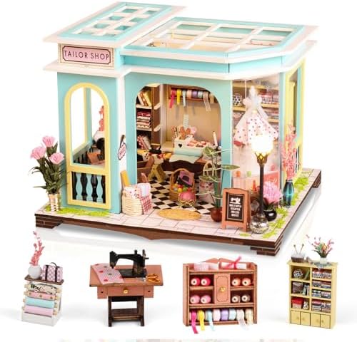 Tailor Shop DIY Miniature House Kit, Wooden Dollhouse with LED for Adults by FLYNOVA