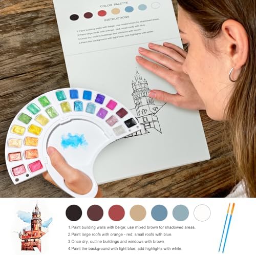 Watercolor Workbook, Water Coloring Book with 13 Pages 300GSM Paper, 26 Colors Watercolor Paint Set with Brush & Storage Bag, Beginner-Friendly Coloring Book for Adults，Architecture Theme - Image 3