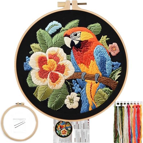 FONNUY Embroidery Kit for Beginners, Birds with Flowers Pre-Stamped Pattern Kits for Adults with Hoop, Easy to Follow Color Thread Needlework, 8'' Hoop (Orange Parrot) by FONNUY