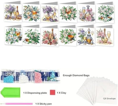 jinglinhh 12pcs Diamond Art Painting Flower Drink Greeting Cards with Envelopes, DIY Card Making Kits for Adults, Diamond Art Postcards Christmas Cards Craft Gifts - Image 3