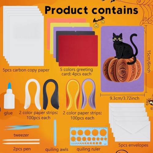 WEBEEDY 20 Sets Halloween Paper Quilling Kit for Adult Beginner 5 Styles Witches Pumpkins Ghosts Bats Black Cats Greeting Card Making Kit with Instruction Handmade Quilling Card for Halloween Decor - Image 2