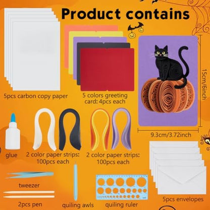 WEBEEDY 20 Sets Halloween Paper Quilling Kit for Adult Beginner 5 Styles Witches Pumpkins Ghosts Bats Black Cats Greeting Card Making Kit with Instruction Handmade Quilling Card for Halloween Decor - Image 2