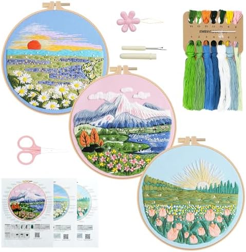 RidaaFri Embroidery Kit for Beginners, 3PC Floral Mount Sunshine Patterns by RidaaFri