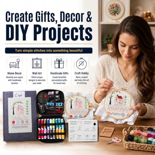 Homentry Embroidery Kit for Beginners | Gift Box with Full Set | Video Tutorial, 3pcs Hoops, 106 Patterns, 65 Water Soluble Designs, 86PCS Sewing Supplies | Starter Cross Stitch Book Kit - Image 4