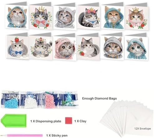 jinglinhh 12pcs Diamond Art Painting Hat Kitten Greeting Cards with Envelopes, DIY Card Making Kits for Adults, Diamond Art Christmas Cards for Birthday Holiday Gifts - Image 3
