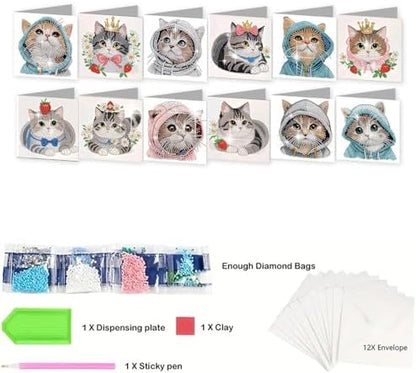 jinglinhh 12pcs Diamond Art Painting Hat Kitten Greeting Cards with Envelopes, DIY Card Making Kits for Adults, Diamond Art Christmas Cards for Birthday Holiday Gifts - Image 3