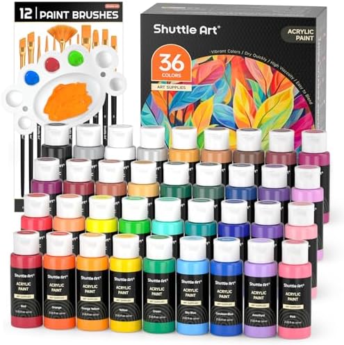 Shuttle Art Acrylic Paint, 36 Colors Acrylic Paint Set with Brushes & Palette, 2oz/60ml Bottles, Rich Pigments Non-toxic for Artists Kids & Adults, Painting on Canvas Rocks Ceramic Wood by ShuttleArt