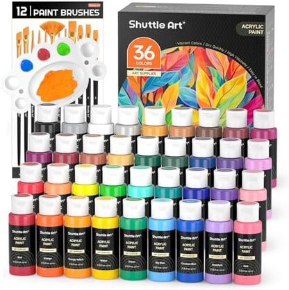 Shuttle Art Acrylic Paint, 36 Colors Acrylic Paint Set with Brushes & Palette, 2oz/60ml Bottles, Rich Pigments Non-toxic for Artists Kids & Adults, Painting on Canvas Rocks Ceramic Wood by ShuttleArt