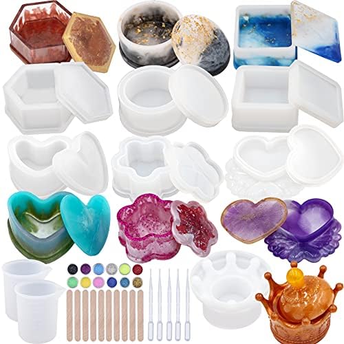 EuTengHao Resin Molds 43Pcs Silicone Molds for Resin, Epoxy Crown Shape Mold Heart Shape Mold with Mica Powder for Storage Box Jewelry Trinket Container DIY Resin Casting Crafts by EuTengHao