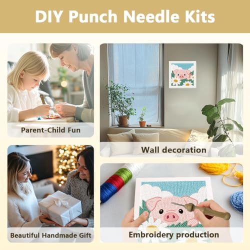 DOODLREAM Flowers Pig Punch Needle Kit for Beginner 9.4"x 9.4" - Image 4