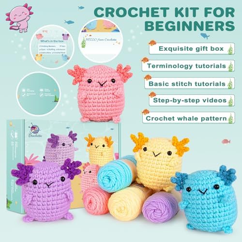 Crochetta Crochet Kit for Beginners, Crochet Starter Kit w Step-by-Step Video Tutorials, Beginner Crochet Kit for Adults Kids Women Men Complete Kit Included (4 Mini Axolotls) - Image 4
