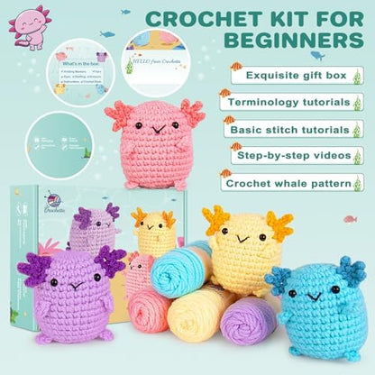 Crochetta Crochet Kit for Beginners, Crochet Starter Kit w Step-by-Step Video Tutorials, Beginner Crochet Kit for Adults Kids Women Men Complete Kit Included (4 Mini Axolotls) - Image 4