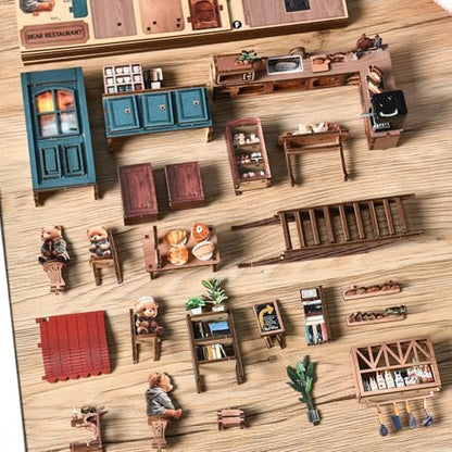 Book Nook Kit, DIY Miniature House Kit for Adult and Teens, 3D Wooden Puzzle Booknook Bookshelf Decor with LED Lights, Gift for Family, Friends, Age 14+ (Bear Restaurant) - Image 6
