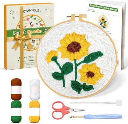 CYANFOUR Punch Needle Kit for Beginners, Sunflower Punch Needle Kits Adults, Craft Kits for Adults with 2 Pre-Printed Fabrics, Embroidery Hoop, Threads, DIY Gift and Home Decor 20 * 20cm by Cyanfour