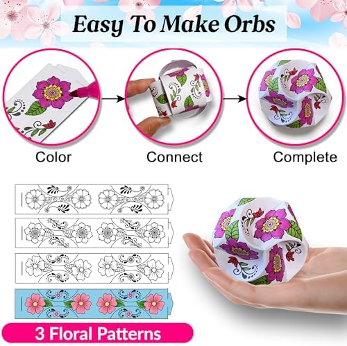 10 DIY Origami Balls, Paper Ornaments, Orbs. No Tools Needed, Just Color-Connect-Complete. Kids + Adult Coloring Craft, Stimulates Creativity, Releases Stress. Fun Family Activity (Flower Patterns) - Image 2
