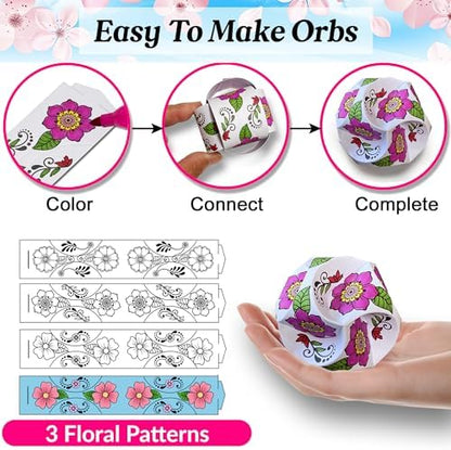 10 DIY Origami Balls, Paper Ornaments, Orbs. No Tools Needed, Just Color-Connect-Complete. Kids + Adult Coloring Craft, Stimulates Creativity, Releases Stress. Fun Family Activity (Flower Patterns) - Image 2